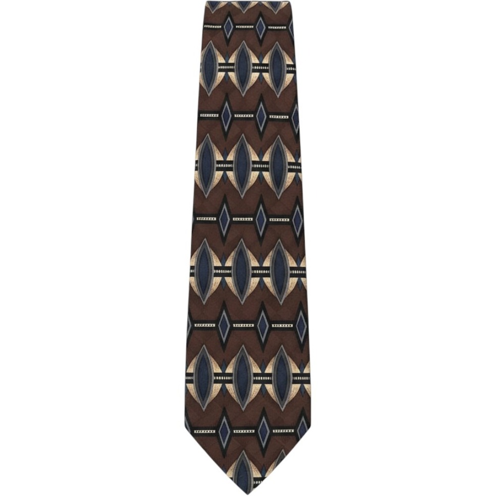 Alfani Mens Silk Tie‎ Brown Navy Blue Geometric Diamond Pattern Made in Italy